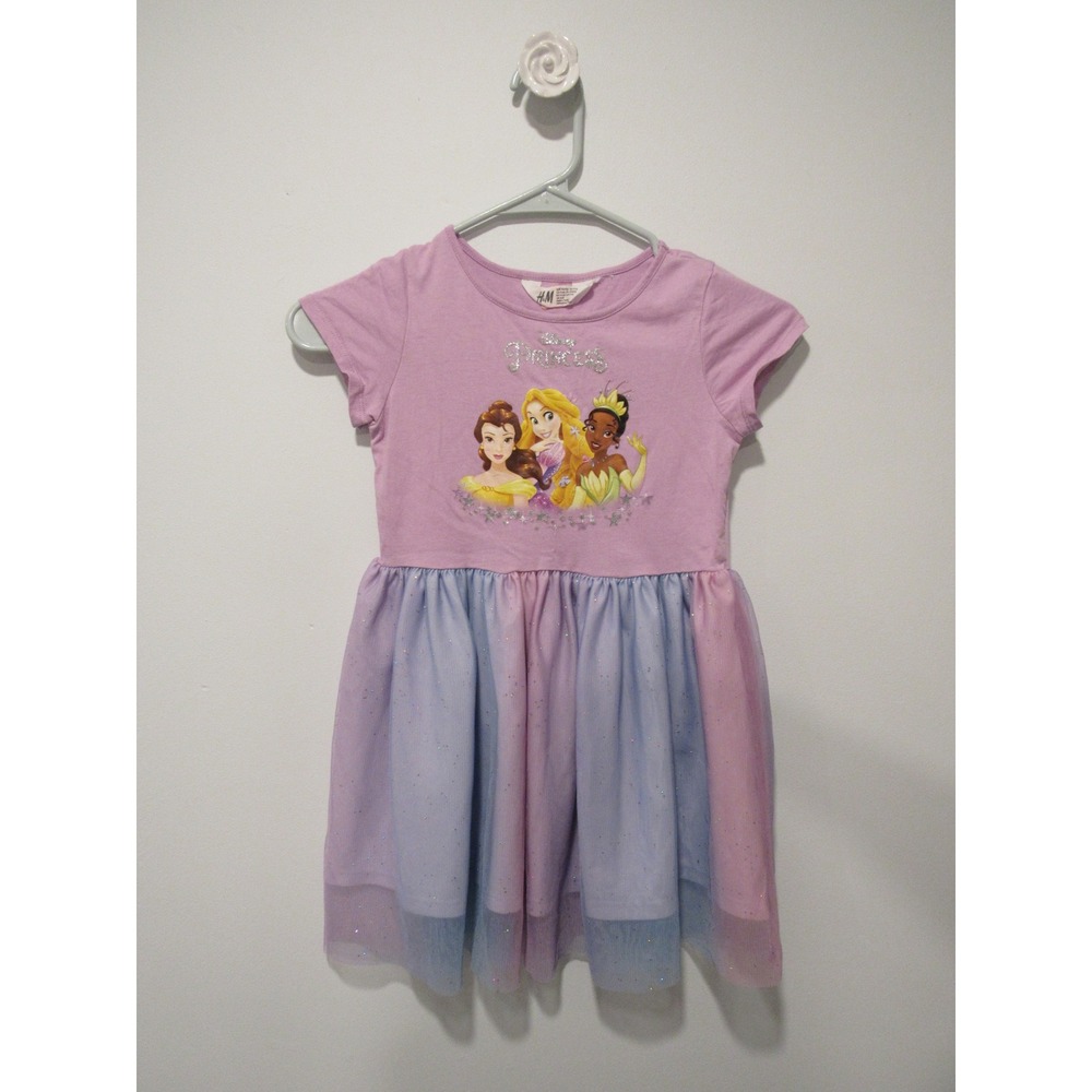 H&M Disney Princess Dress Girls 5-6 Pink Blue Tulle Glitter Belle Rapunzel Tiana